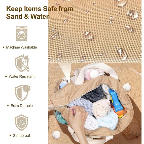 Women's Khaki Vacation Waterproof Sandproof With Zipper Mesh Pockets Beach Bag - Picture 3 of 8